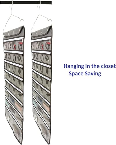 Miniatura 2 de Organizador de joyas colgante de doble cara con colgador para armario, collar, aretes, pulsera, anillo, soporte de viaje (56 bolsillos transparentes