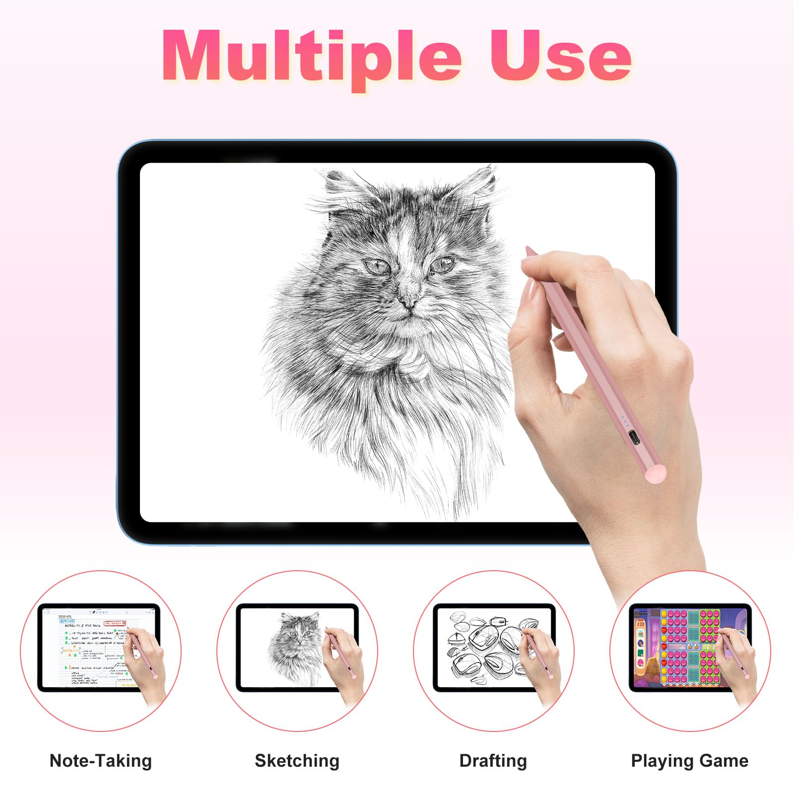 Pennino capacitivo per Apple iPad 2018-2024 KBCASE Apple Pencil compatibile con iPad 10/9/8/7/6th Gen, iPad Mini 6/5th Gen, iPad Air 5/4/3th, iPad Pro 11/12.9" con ricarica rapida di 15 minuti, 5