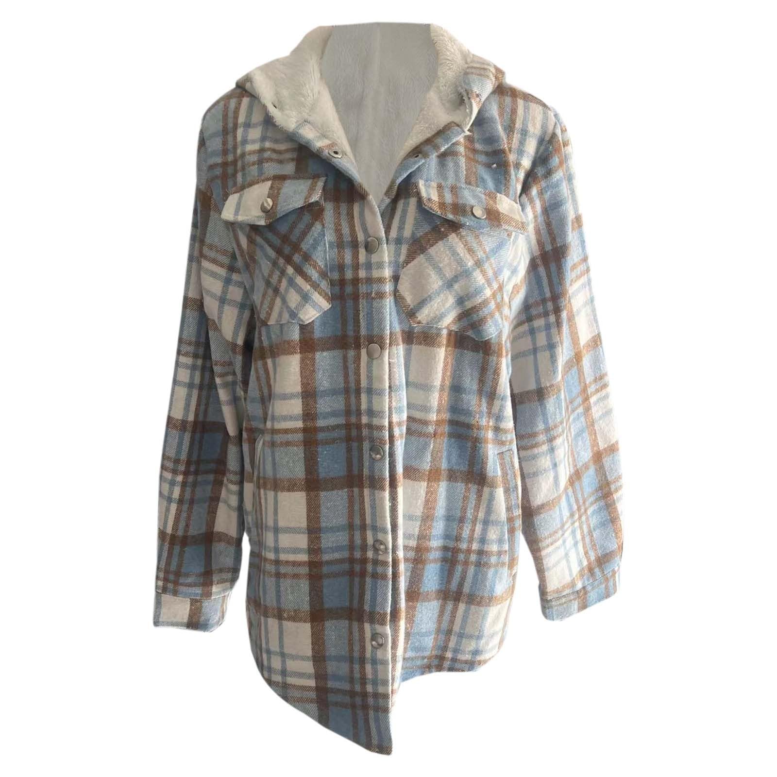 Genérico Chaqueta Polar Mujer,Chaqueta Corta A Cuadros para Mujer De Manga Larga con Botones Forro Polar Y Capucha para Mayor Calidez