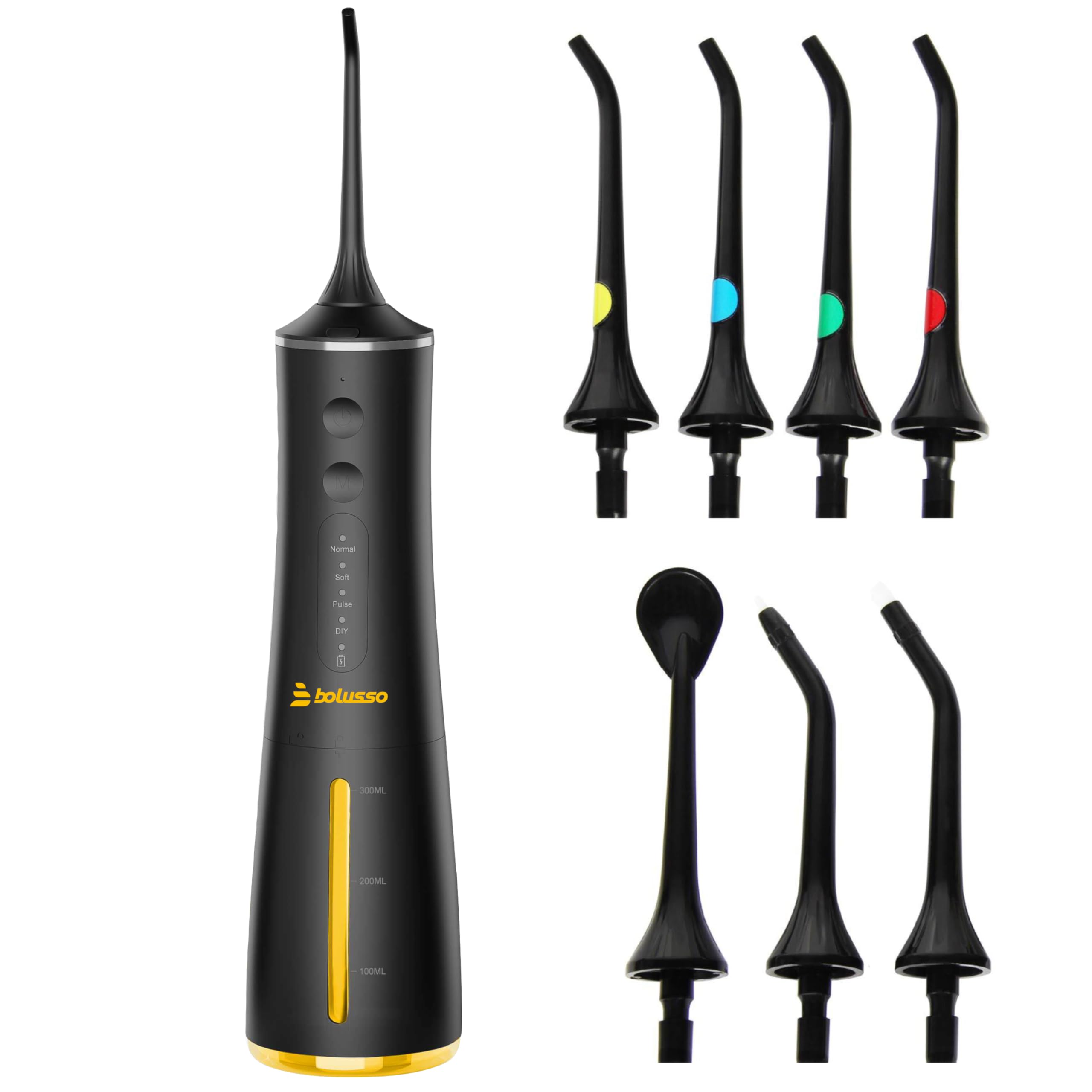 Hydropulseur dentaire sans fil – 7 embouts avec étui de voyage et livre électronique, 4 modes, réservoir de 300 ml, gratte-langue, orthodontique et embout de gencive – Kit de soins bucco