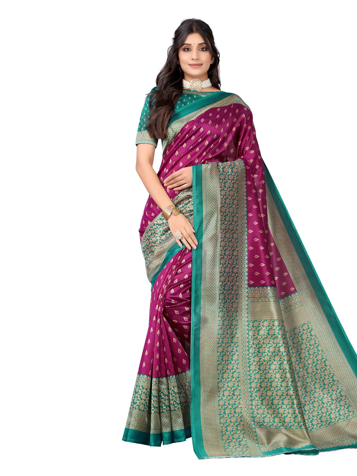 Satrani Women's Printed Poly Silk Saree with Unstitched Blouse Piece