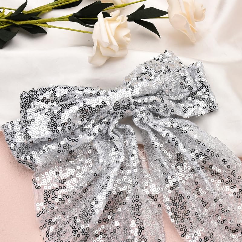Glitter Hair Bows for Girls Big Bow Hair Clips Large French Ribbon Bowknot Hair Barrettes for Women Party Silver Metal Clips Oversized Long Tail Hair Bow Clip Sparkly Hair Accessories for Thick Hair image 4