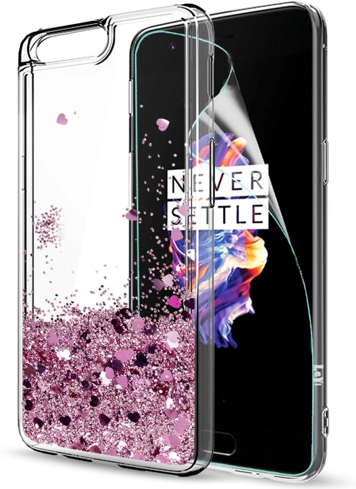LeYi Case for Oneplus 5 with Screen Protector, Glitter Quicksand Flow Luxury Fashion Clear Transparent TPU Gel Silicone Shockproof Cover for OnePlus 5 Rose Gold (Pink)