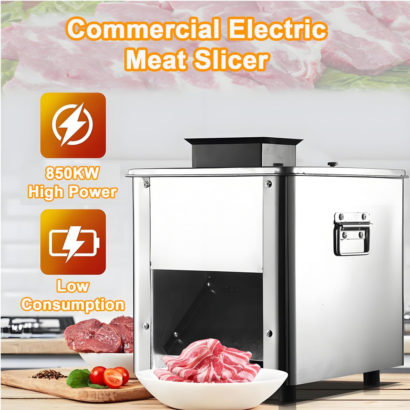 Affettatrice per Carne, trita e sminuzzatrice Professionale, affettatrice elettrica in Acciaio Inox da 850 W per Carne Fresca, trita e sminuzza, per fette, Strisce e cubetti. 7mm