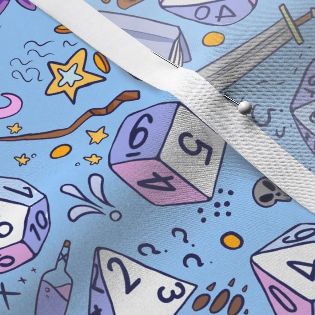 Spoonflower Fabric - Dice Blue Purple Fantasy Illustration Nerd Sword Games Printed on Satin Fabric by The Yard - Sewing Lining Apparel Fashion Blankets Decor