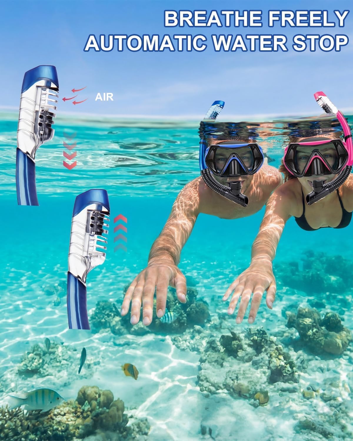 Juego de máscara de esnórquel para adultos y jóvenes, máscara de buceo y gafas de buceo de secado completo es adecuado para esnórquel, buceo, natación (azul)