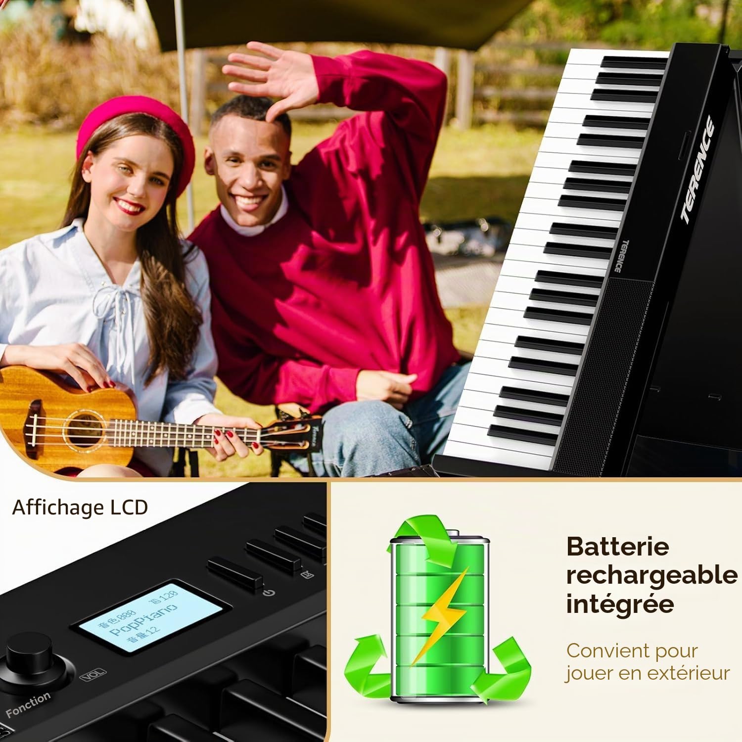 TERENCE Piano Numérique 88 Touches Pliable Piano Électrique avec Touches Lestées Clavier Électronique Bluetooth MIDI Haut-parleurs 2x5W Batterie 1800mAh Pédale de Sustain Sac de Transport Câble Audio