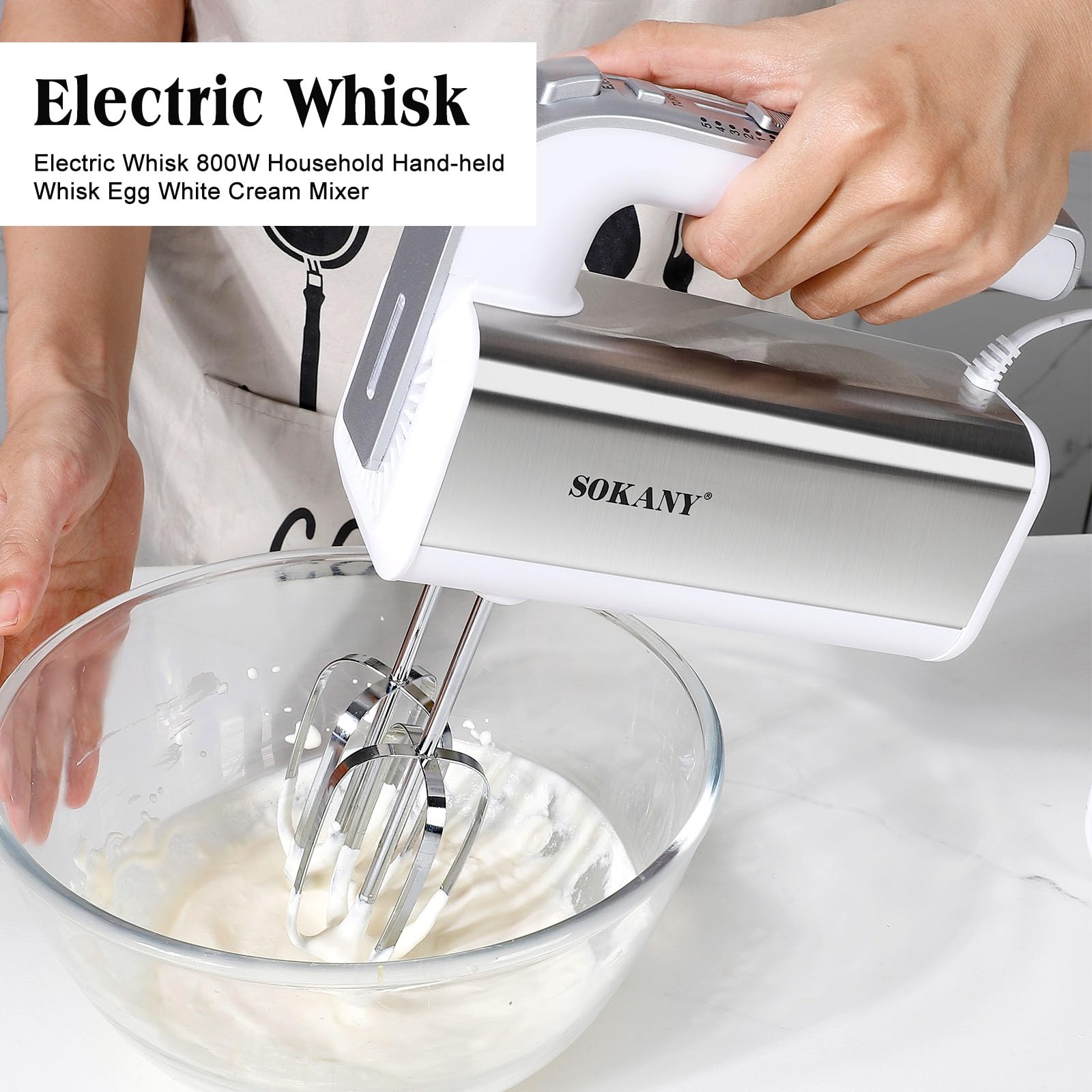 Sbattitore Elettrico SOKANY SK-6651 – 800W, 5 Velocità + Turbo, 2 Fruste E 2 Ganci, Impugnatura Ergonomica In Acciaio