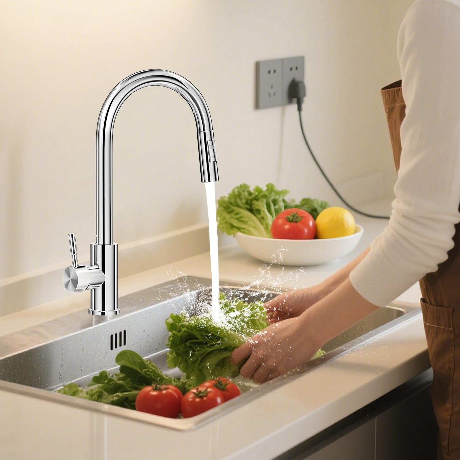Grifo Cocina Extraible, Grifo Cocina Fregadero con 2 Modos Giratorio 360° Torneira Cozinha Monomando, Acero Inoxidable Ahorro de Energía Grifo Cocina Fregadero Agua Caliente y Fría