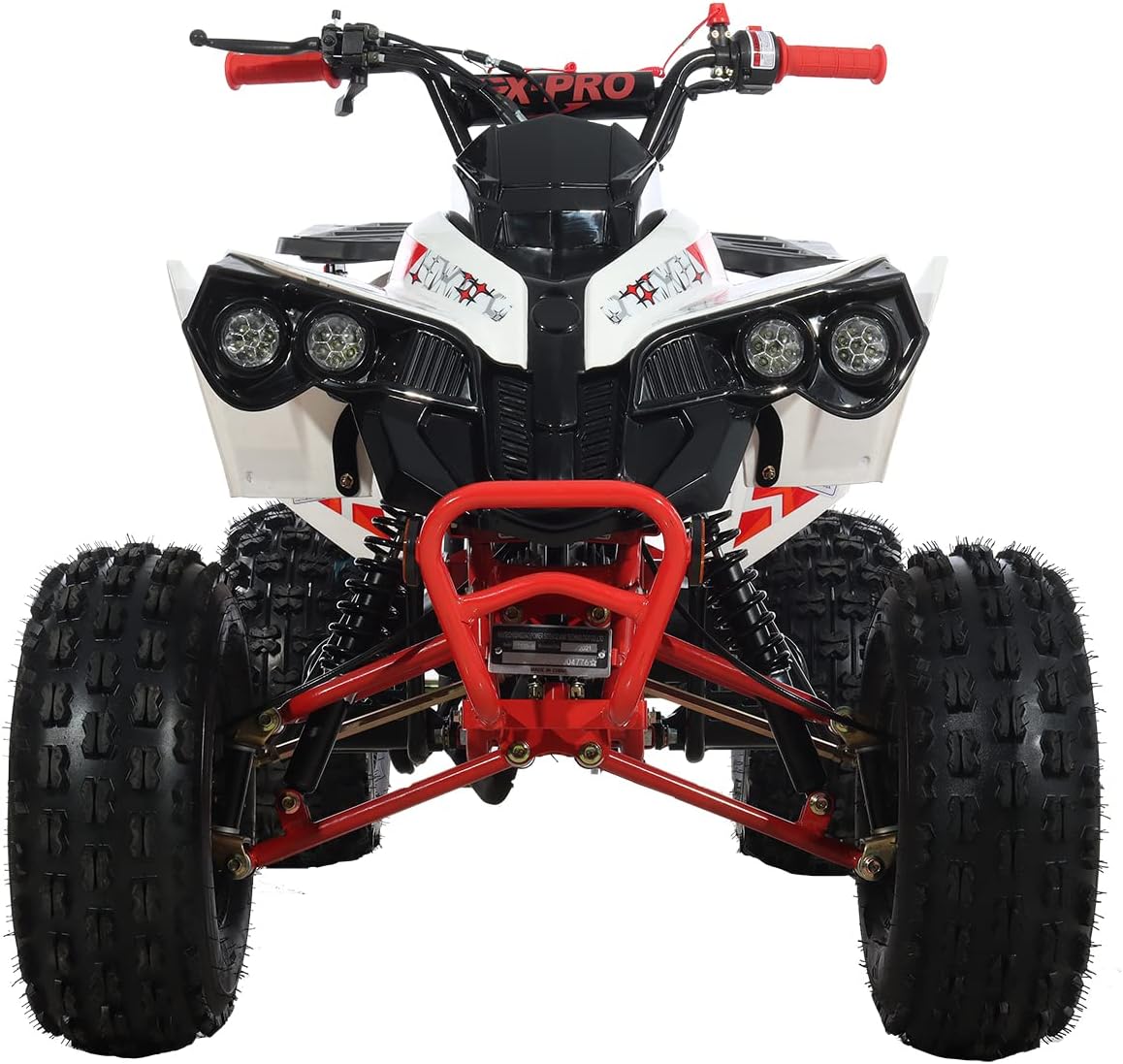 X-PRO Storm 125 ATV, front view, red and white, showing headlights and bumper.