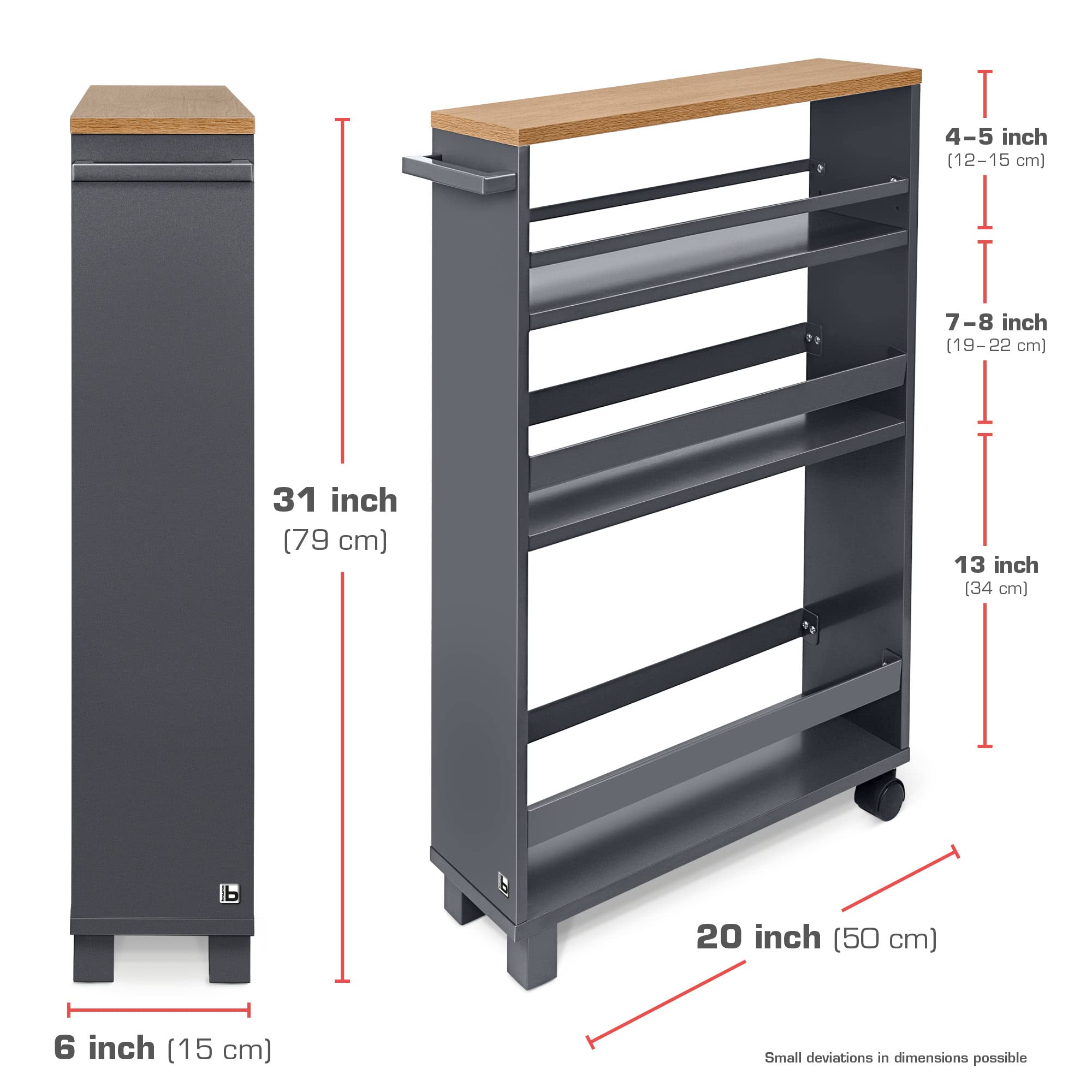 bomoe Carrello da Cucina Antracite Quercia Hylla - scaffale da Cucina 50x79x15 cm - Carrello con Ruote, 3 ripiani e piano lavoro in legno FSC® - Carrello da portata - mobile da Cucina e da Bagno