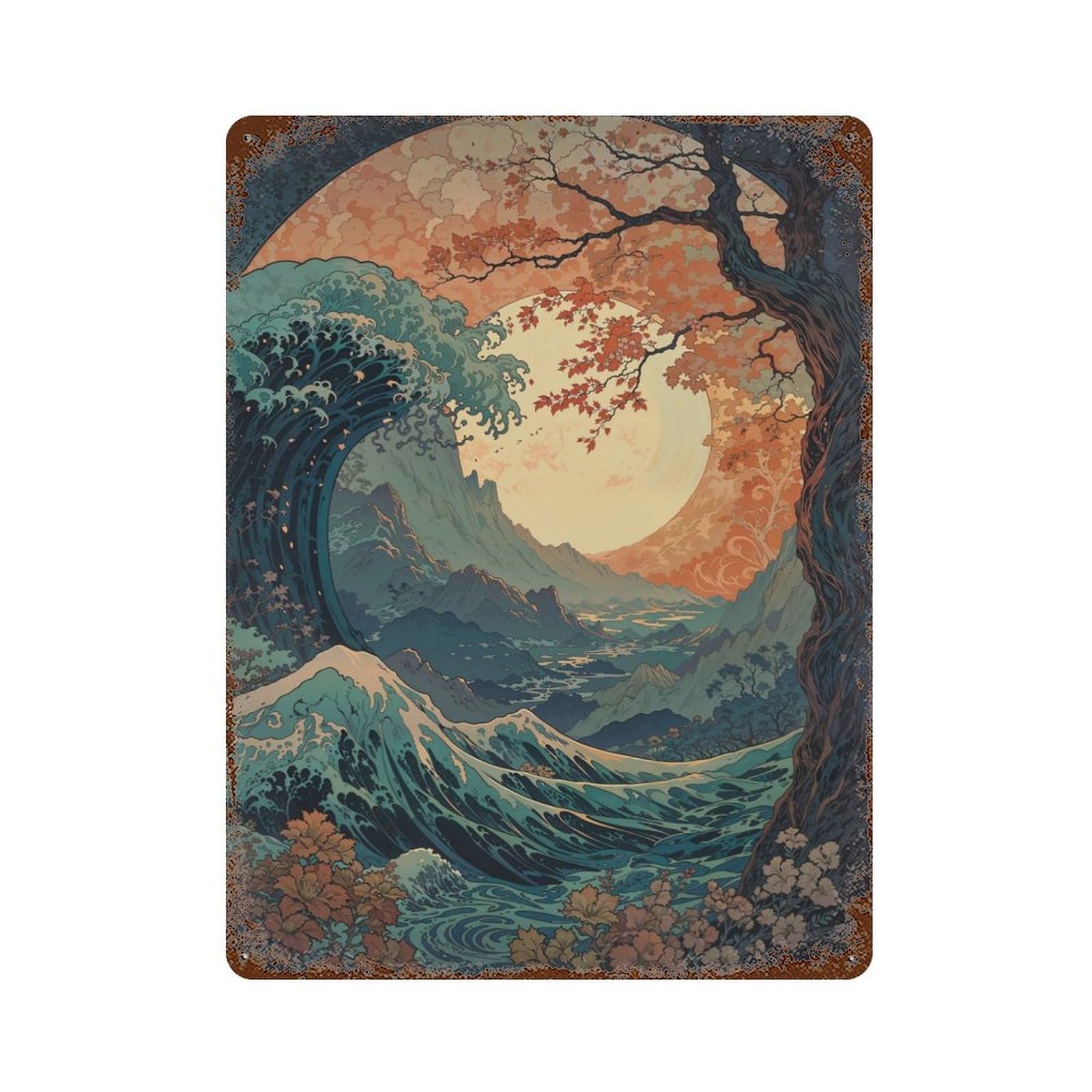 Great Wave Off Kanagawa Weathered Tin Sign 15.7"x11.8", for Garage, Bar And Workshop Decor, Vintage Wall Decor
