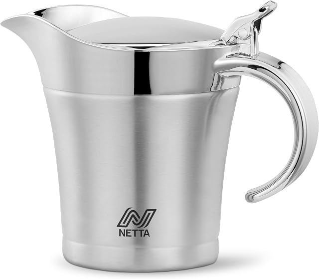 Netta Gravy Boat  500ml Dining Table Sauce Jug with lid in Stainless Steel  Double Wall Insulation with Hinged Lid  Ideal for Gravy, Cream, Custard and More