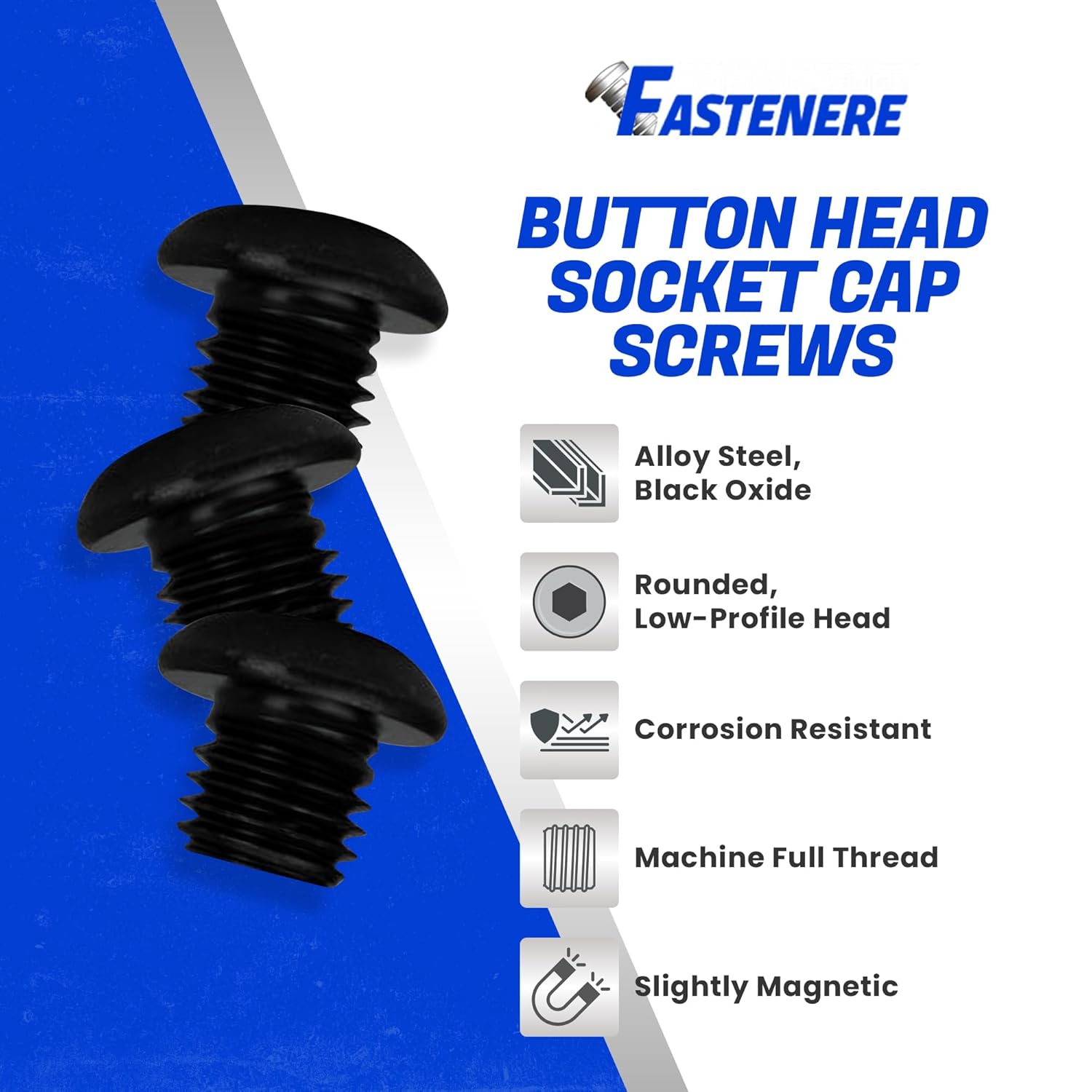 Fastenere Button Head Socket Cap Screws - 5-40 x 1/8" (25-Pcs) Alloy Steel, Fully Threaded, Fine Black Oxide Finish, Corrosion-Resistant, Machine Thread, Easy to Install w/Allen Hex Drive