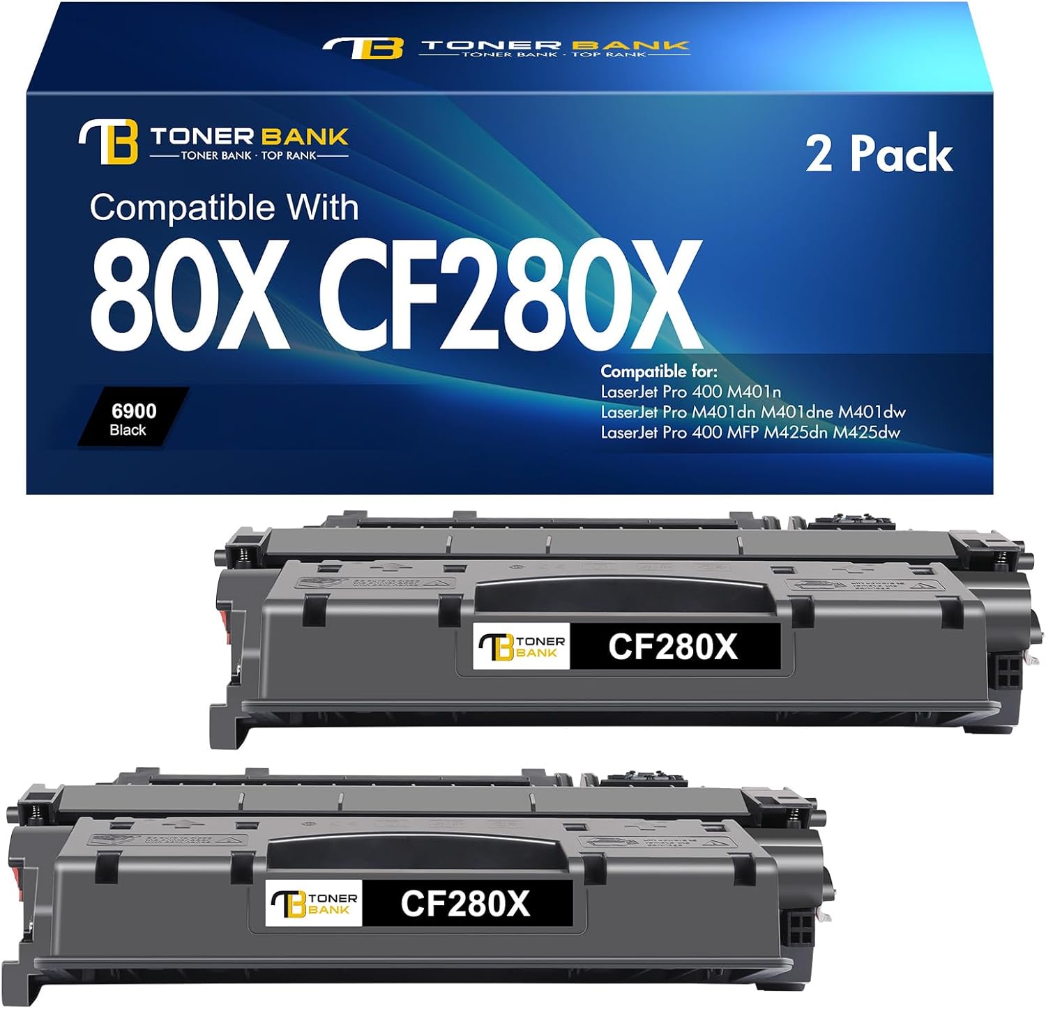 CF280X 80X Toner Cartridge Black Compatible for HP 80X 80A CF280X CF280A for HP Laserjet Pro 400 M401n M401dn MFP M425dn M401dne M401dw M425dw M401 M425 Printer Toner Ink High Yield(2 Pack)