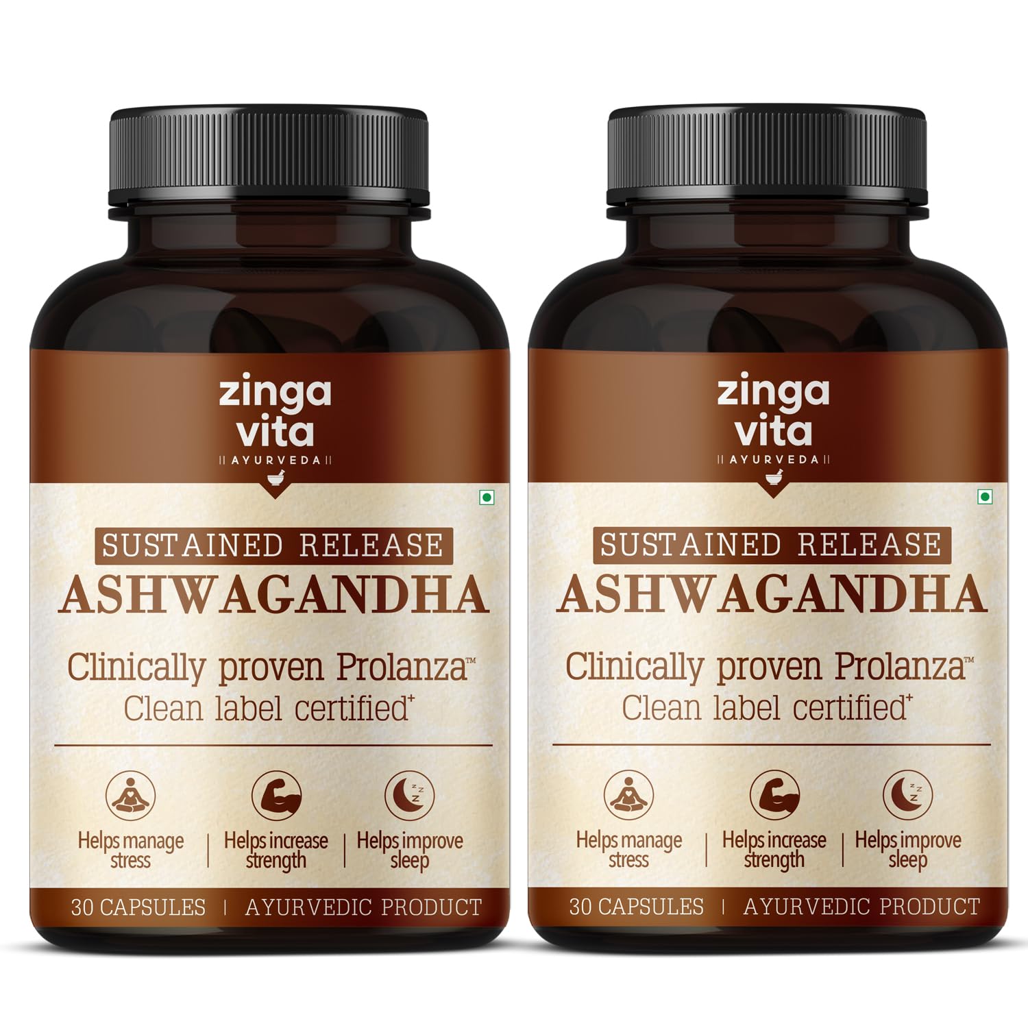 Zingavita Ayurveda Clinically Proven Ashwagandha Veg capsule, Sustained Release, Clean Label certified- Stress & Sleep support- Strength, Performance & Muscle Recovery, 100% Pure Root - Pack of 2