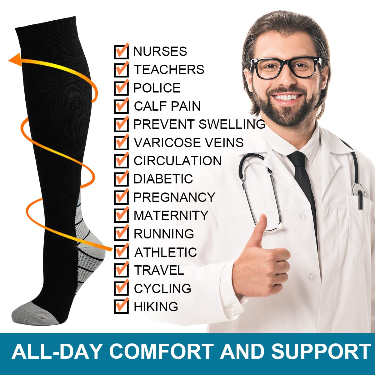 3 Pares Calcetines/Medias de Compresión para Hombres y Mujeres, Running, Deporte, Correr, Senderismo, Volar, Viajar, Varicosas, Embarazo y Médicos