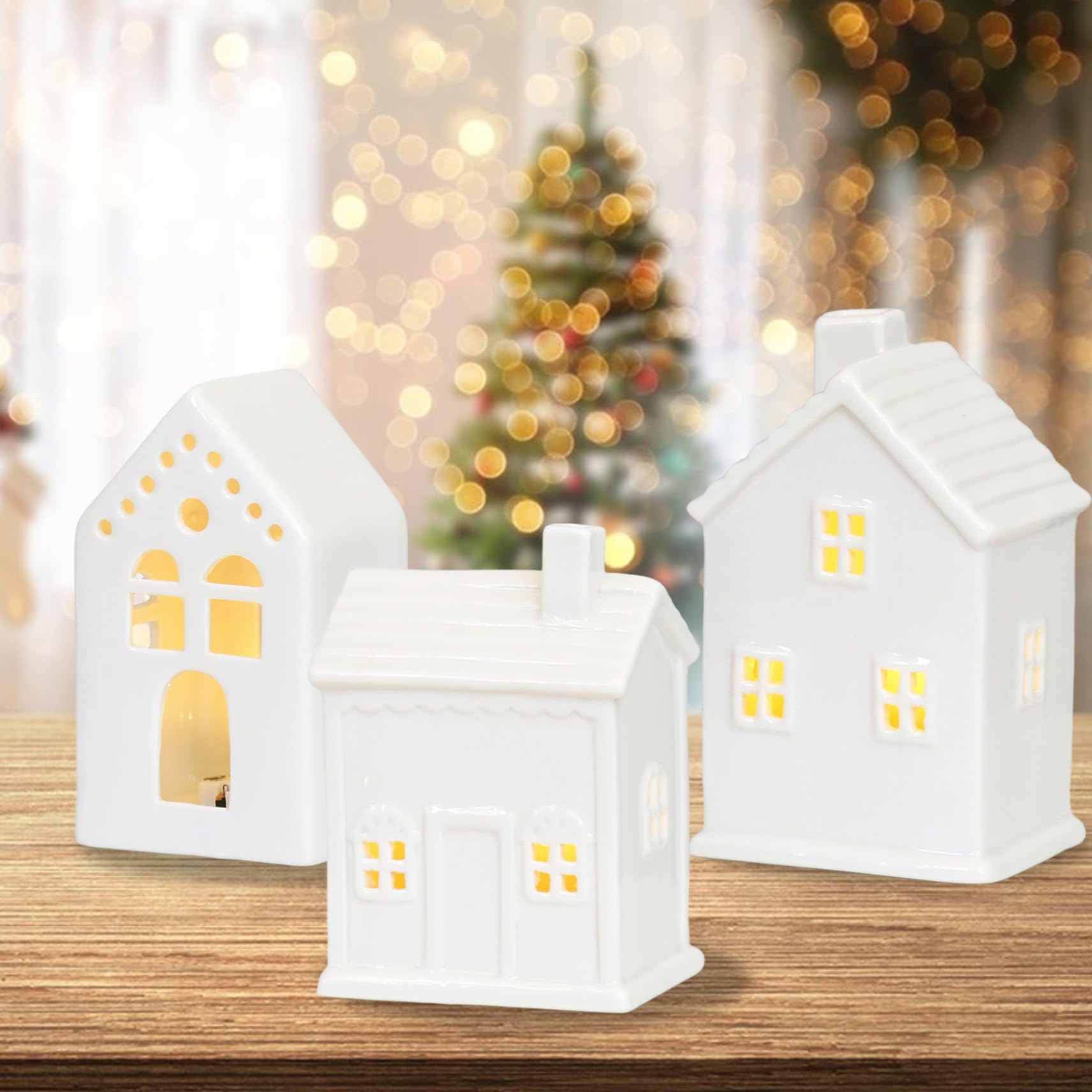 Lot de 3 Maisons de Village Noël Lumineuses en céramique pour Centre Table Noël, décoration d'intérieur Vacances, céramique