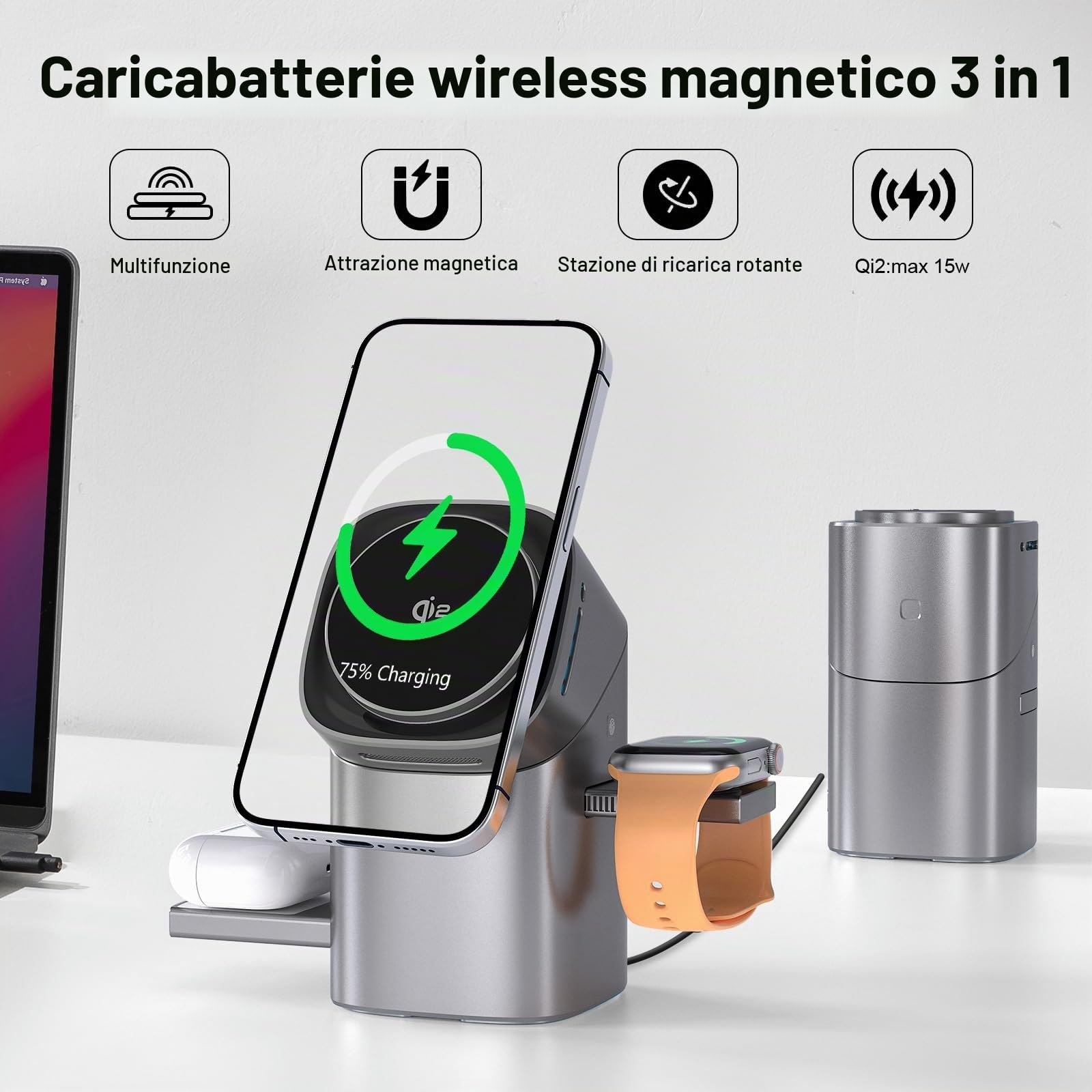 Stazione di ricarica a induzione 3-in-1 QI2, di ricarica wireless, la ricarica rapida, supporto per telefono compatibile con iPhone, AirPods, iWatch, con ventola di raffreddamento 33 W argento