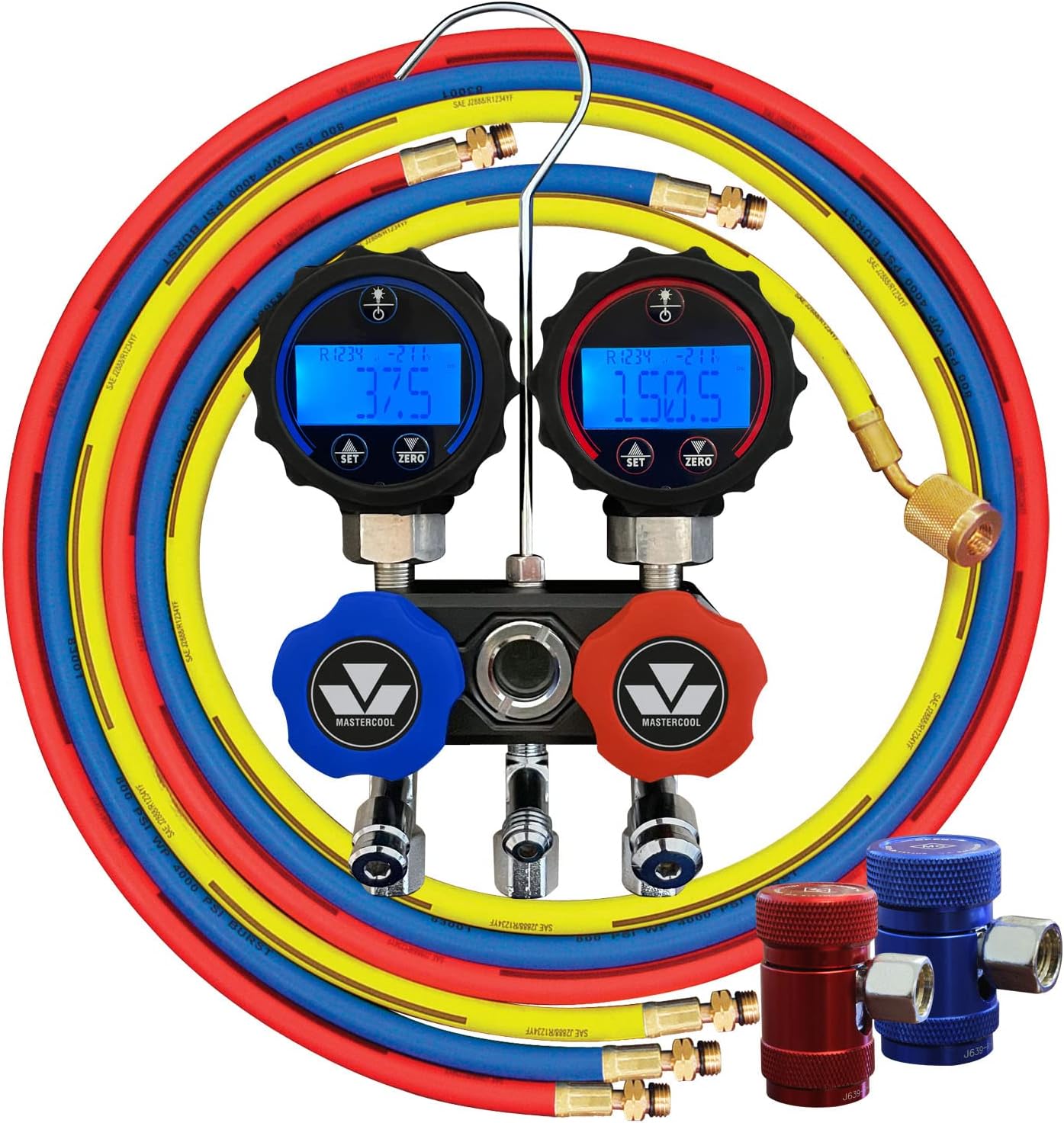 Mastercool Mini R1234yf Aluminum Digital Manifold with 3-72” Hoses and R1234yf Manual Couplers Packaged in a Zippered Carry Case, 82172, Black Series