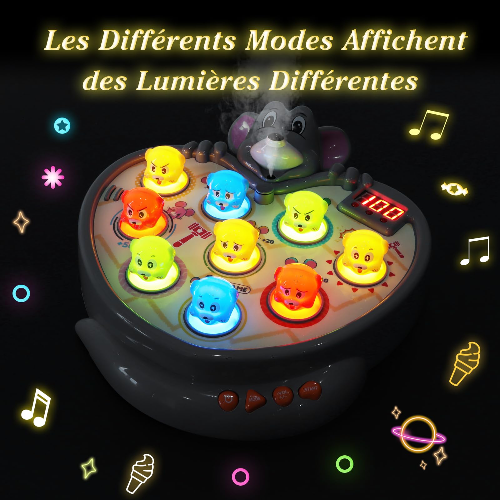 YOOHBERRYS Jeu de Taupe, Jeu de Marteau pour Enfants, Marteler des Jouets, Jouet de Whack avec 5 Modes, 9 Morceaux de Musique, 2 Marteaux, Jeux Montessori pour Les Bébés de 3-6 Ans