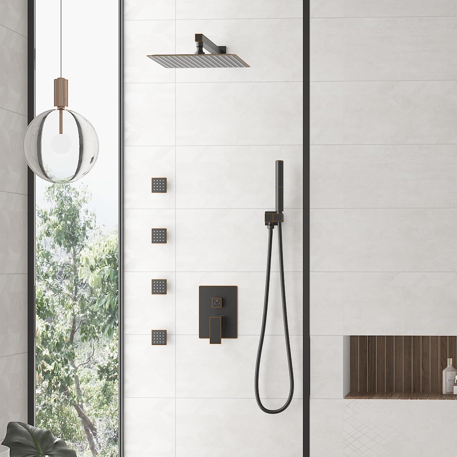 Hoimpro 12 Inch Rainfall Shower Faucet with 4 Full Body Shower Jet Fixtures Combo, Wall Mounted Shower System Set with Rain Mixer Shower Head and 2 in 1 Spray Handheld Showerhead, Oil Rubbed Bronze