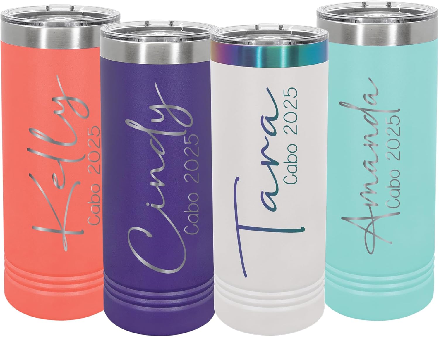 Personalized Tumblers Custom Stainless Steel Skinny Tumbler - Perfect Bachelorette & Girls' Weekend Gift - Personalized Vacation & Cruise Cup with Lid and Straw - 22 oz Tumbler