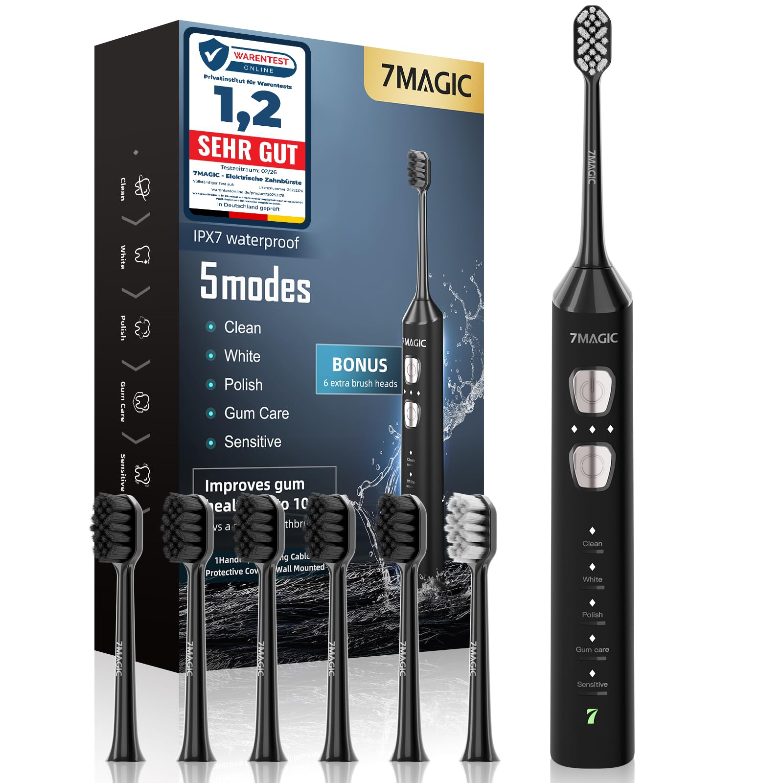 Elektrische Zahnbürste, Schallzahnbürste, Leise Zahnbürste Elektrisch Mit 3 Intensitäten 5 Modi, 40000VPM, IPX7, Zahnbürste Mit 180 Tagen Akkulaufzeit Und Timer, Schwarz