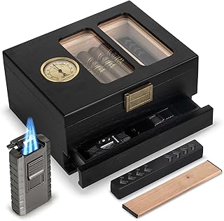 Cigar Humidor, Glass Top Cedar Wood Cedar Humidor Box, Cigar Case for 20-35 Cigars with Hygrometer, Cigar Lighter and Cigar V-Cutter, Desktop Humidor, Gift for Humidor Cigar Box for Men