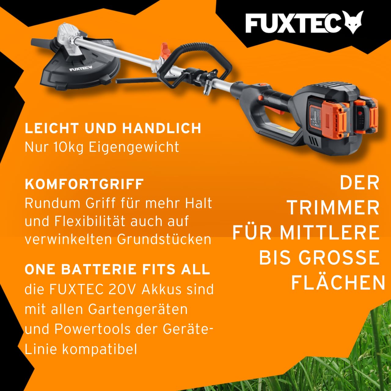 FUXTEC Akku Motorsense 2x20V FX-E2MSSET– Schnittbreite 25,5 – 35cm, 10Kg leicht, bis zu 6000 U/min (mit Akku & Ladegerät)