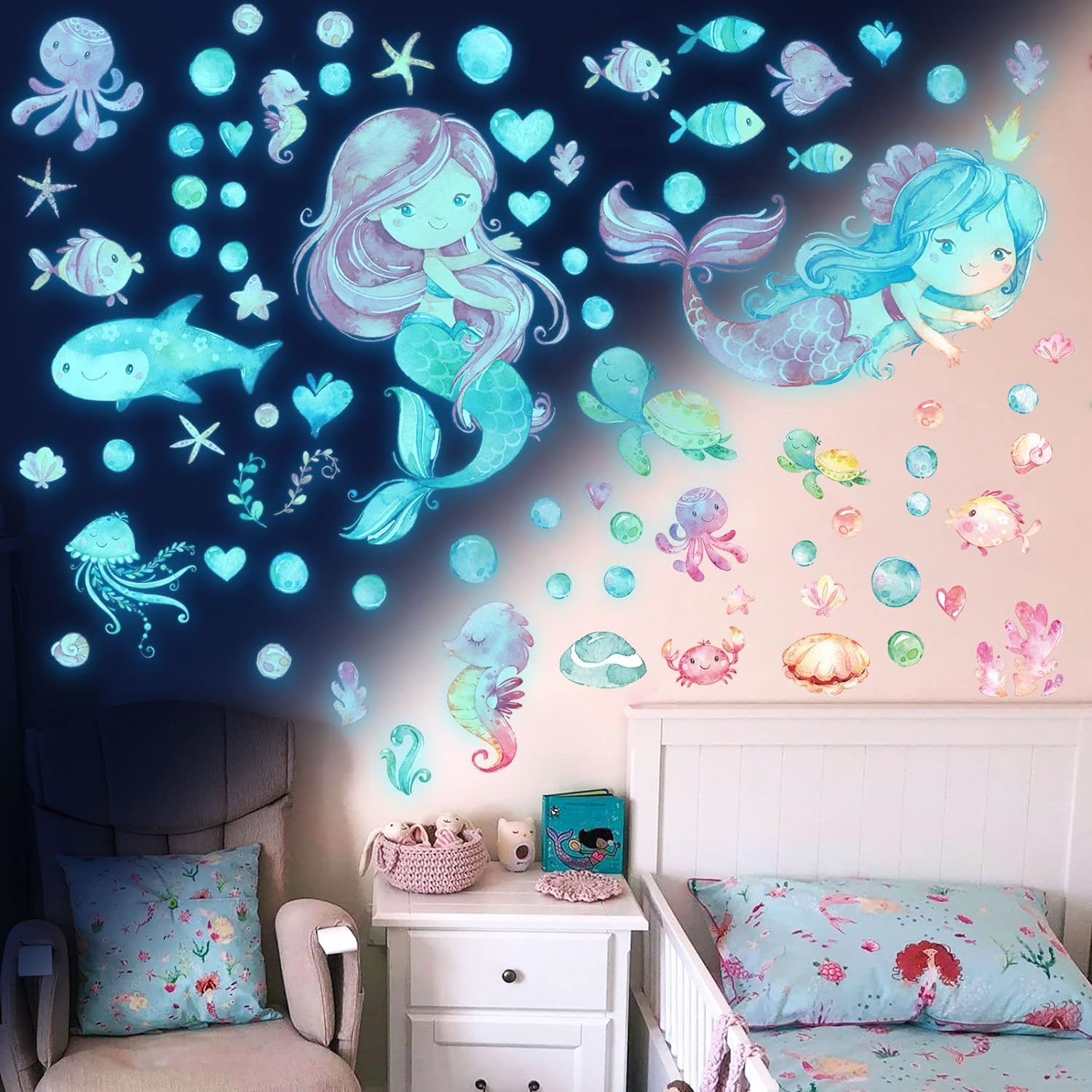 Tarklanda Glow in The Dark Mermaid Wall Decals Luminous Sticker Ceiling Decor Glowing Under The Sea Ocean Fish Wall Stickers for Kids Girls Bedroom Baby Nursery Wall Decor Blue - Image 3