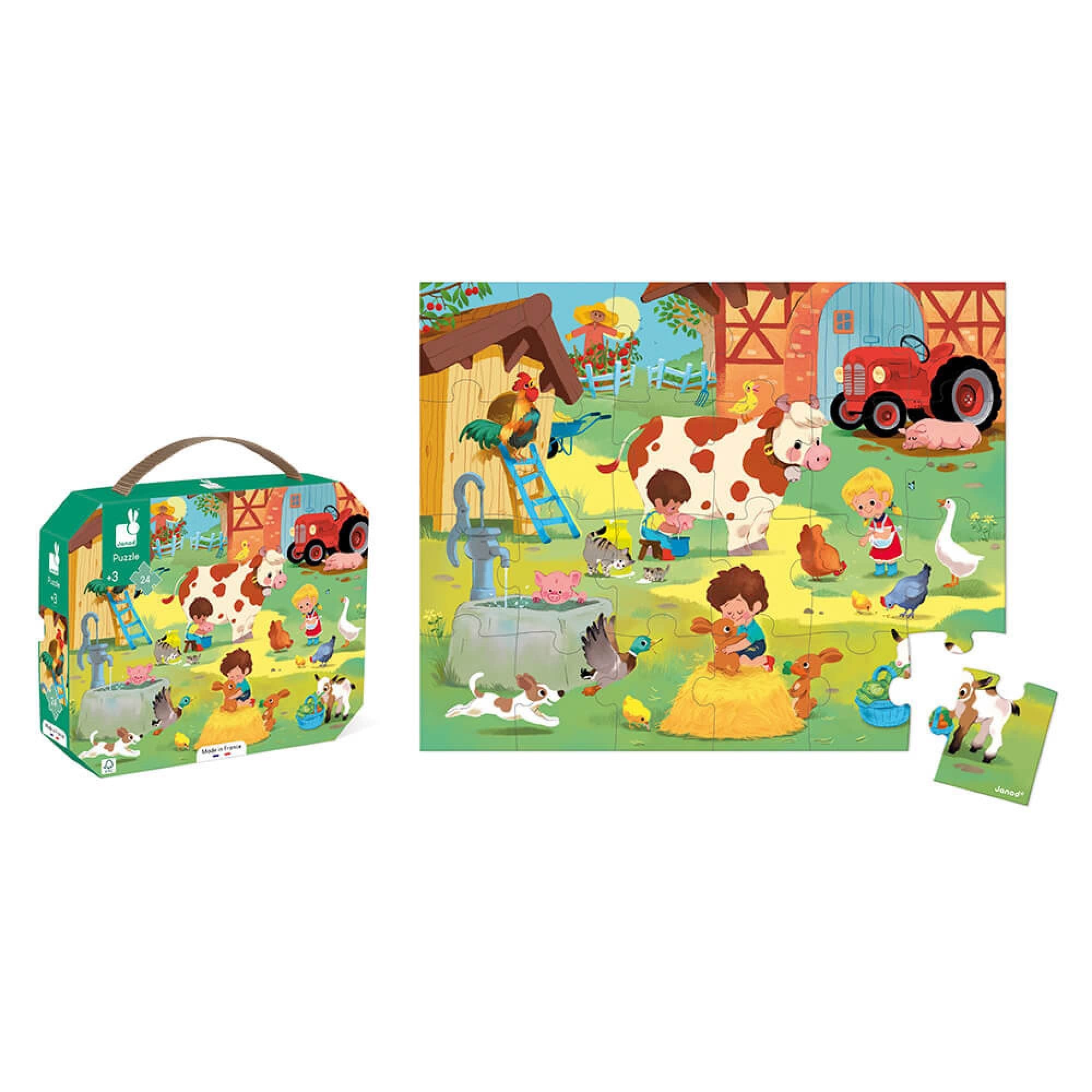 Janod - Puzzle Bambini La Fattoria 24 Pezzi - Gioco Educativo Abilità Fino-Motorie e Concentrazione - Valigetta con Impugnatura - Fabbricato in Francia e Certificato FSC - Dai 3 Anni, J02603
