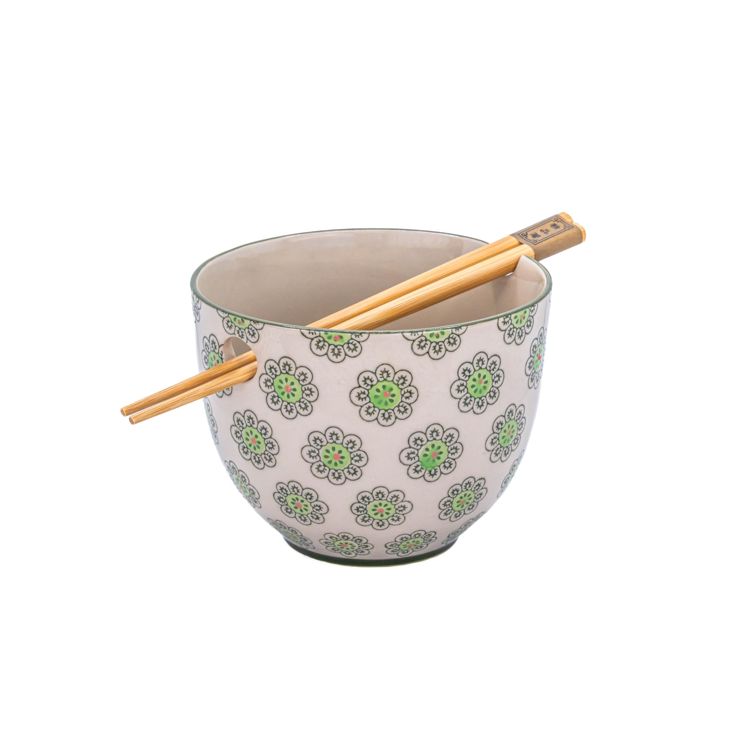Sass & Belle Geometric Print Green Noodle Bowl with Chopsticks - Ceramic Ramen Bowl Set for Japanese Food, Stylish Sass and Belle Dinnerware, Ideal for Noodles, Ramen, Soup or Gifting