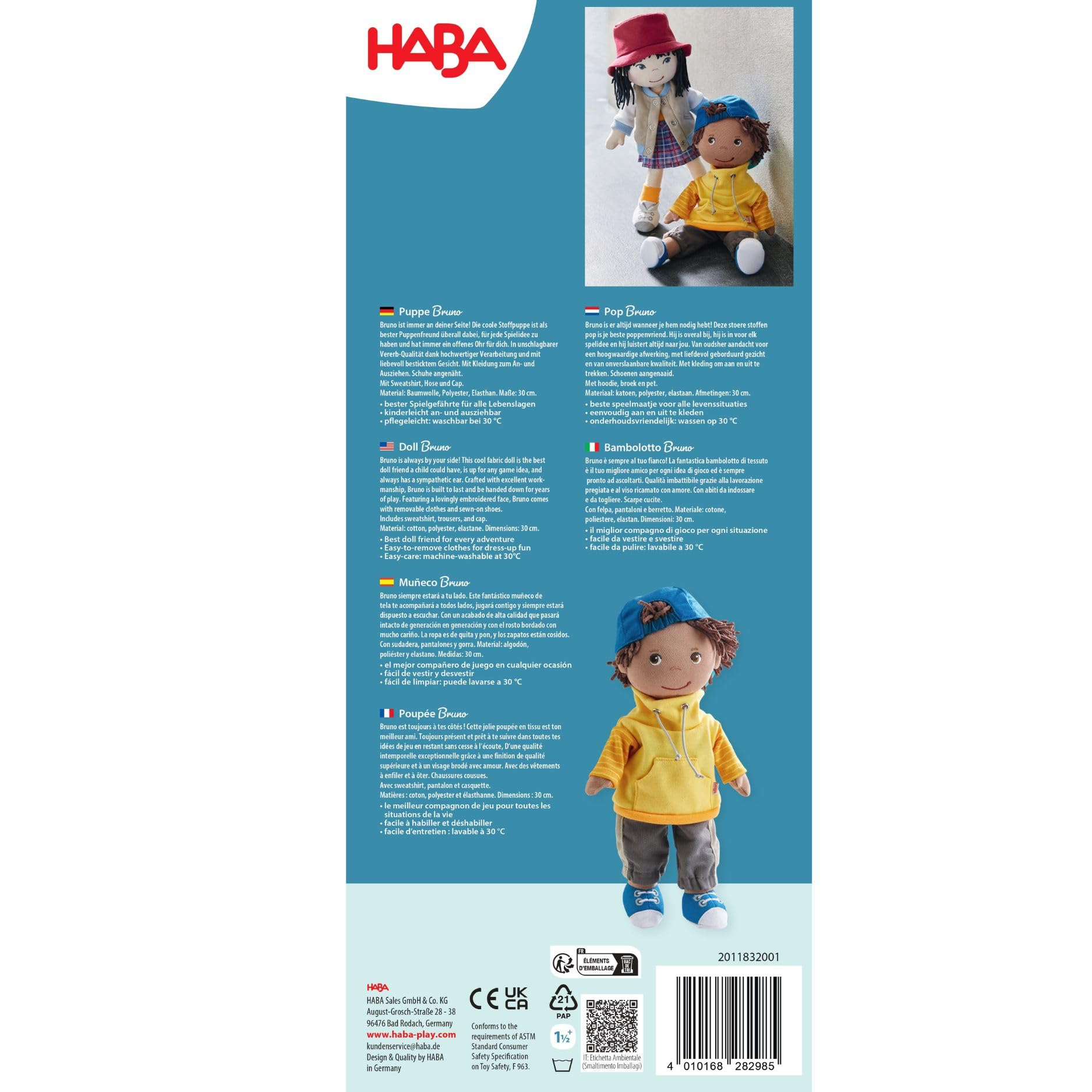HABA Puppe Bruno – Coole 30cm Stoffpuppe für Kleinkinder – Kinderleicht an- und ausziehbar, pflegeleicht & waschbar – Ab 18 Monaten – 2014438001