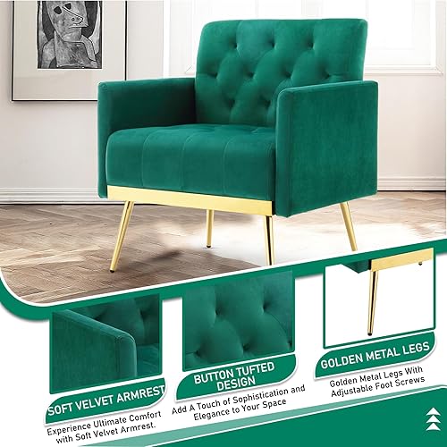 Miniatura 3 de Juego de 2 sillas decorativas de terciopelo, modernos sillones copetudos con botones y patas de metal, pequeñas y cómodas sillas tapizadas para sala