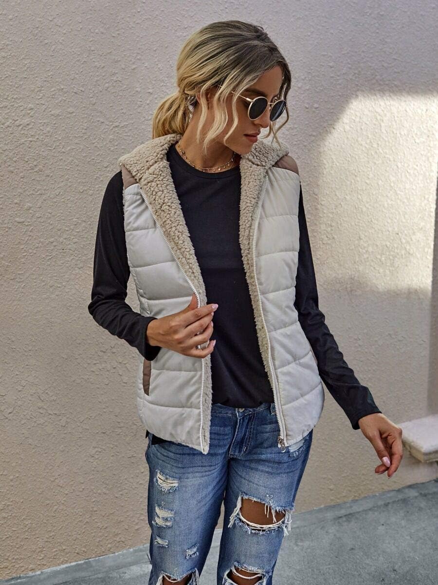 Womens Sherpa Fleece Full Zip Reversible Vest Warm Color Block Hoodie Outwear with Pocket - Image 2