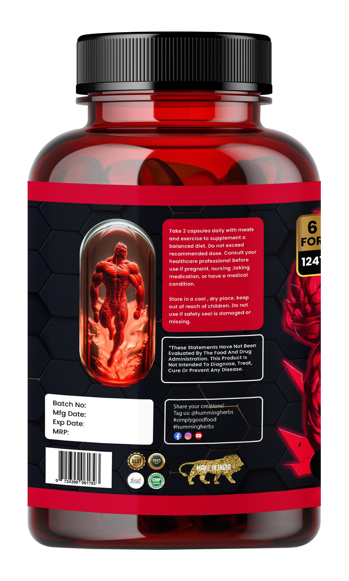 Humming Herbs Ultra Testosterone support for men| Muscle Growth, Energy and Performance with | Tongkat Ali, Tribulus,Arginine and Horny Goat Weed | | 6in1 | 12410 eqv |90 Capsules |, 80 grams — Amazon image 2