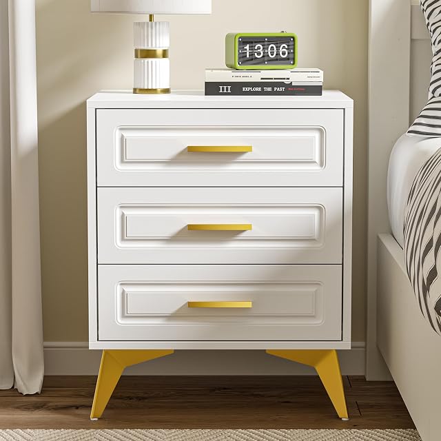 Giluta White Nightstand with Drawers, Modern Bedside Table with Gold Solid Metal Legs, Wood Side Table Bedroom,Sofa End for Hallway, 15.75" D x 19.7" W x 24" H