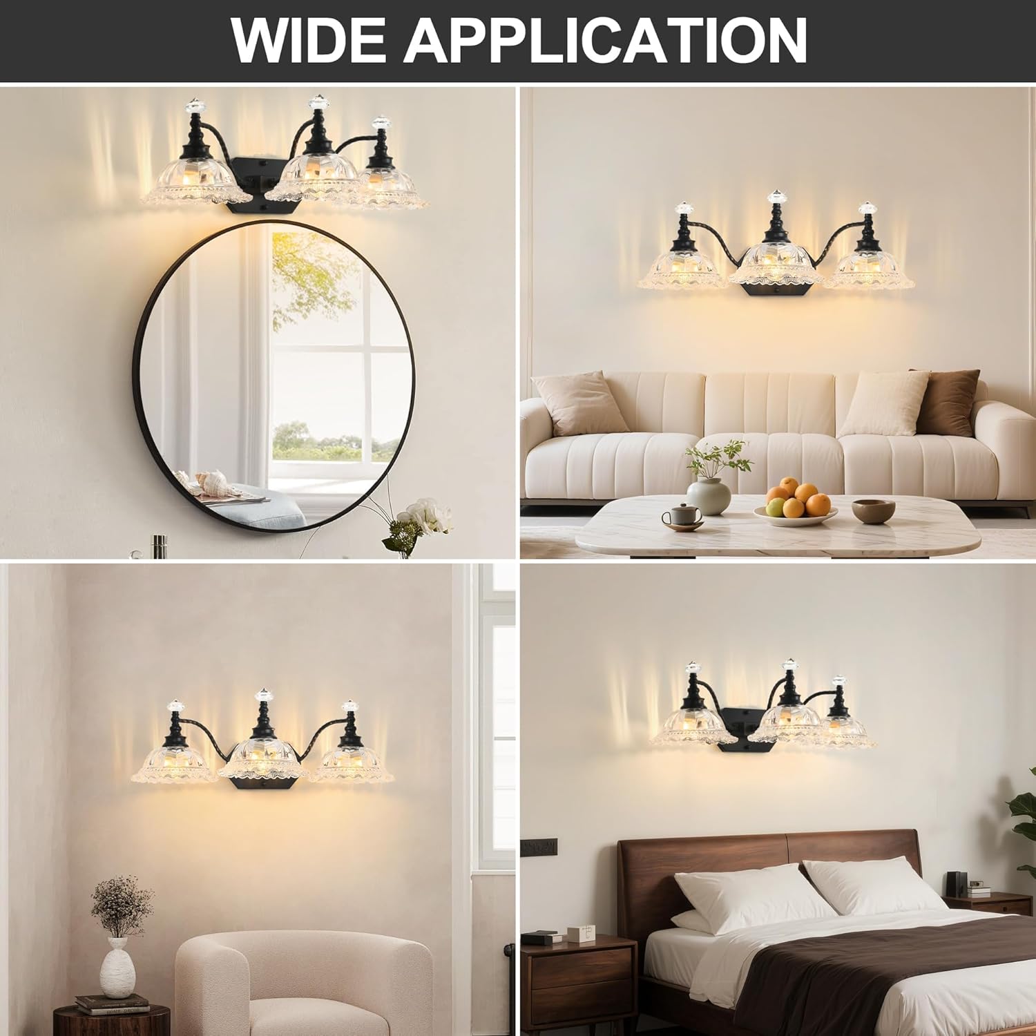 Vintage Bathroom Vanity Light, 3-Light Black Light Fixtures Over Mirror with Crystal Glass Flower Shade, Mid Century Farmhouse Wall Mount Lighting for Living Room, Kitchen