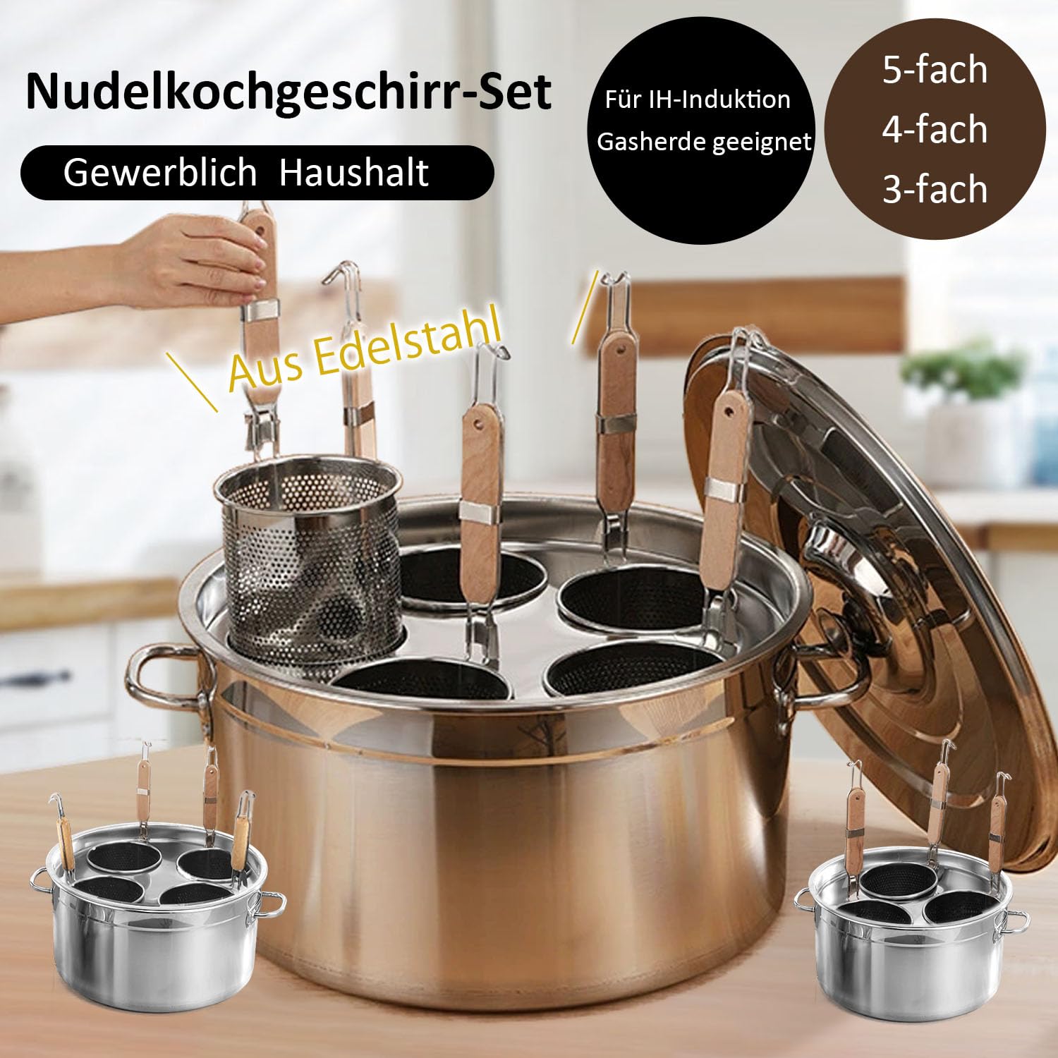 Kurflo Kommerzieller Nudeltopf, Edelstahl, für Ramen, Udon, Spaghetti & Fondue, geeignet für Gasherd & Induktion, inkl. Abtropfsieb und Aufhängehaken (mit 3 Siebeinsätzen)