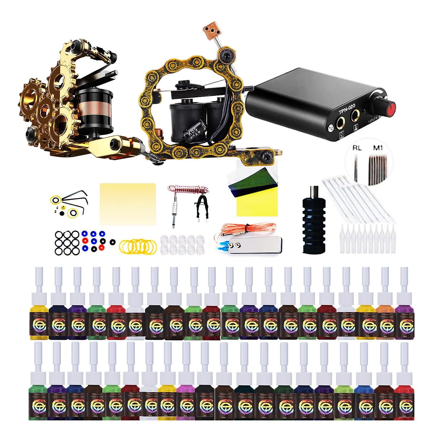 Kit de Tatuaje 1 Machine Set 40 Color Inks Pigment Power Supply Complete Set Transfer Paper Practice Skin Disposable Supplies for Beginners