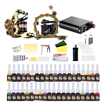 Kit de Tatuaje 1 Machine Set 40 Color Inks Pigment Power Supply Complete Set Transfer Paper Practice Skin Disposable Supplies for Beginners