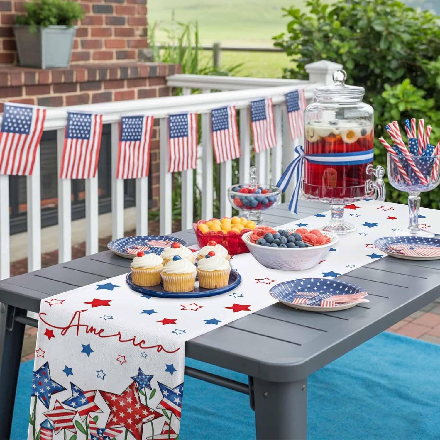 4th of July Table Runner 13x120 Inches Long American Flag Memorial Runner for Table Red White and Blue Patriotic Star Independence Day Table Runners Dresser Scarf for Kitchen Dining Memorial Day Party