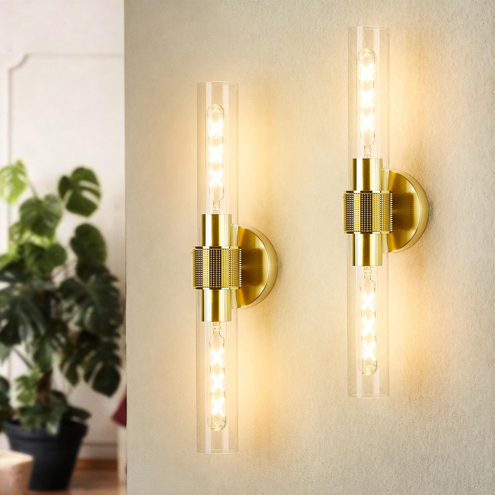 Wall Sconces Set of Two, Black and Gold Bathroom Sconces Lighting with Clear Glass, Modern Sconces Decor Set of 2 Light fixtures for Bathroom Living Room Bedroom (Gold, Without Ring)