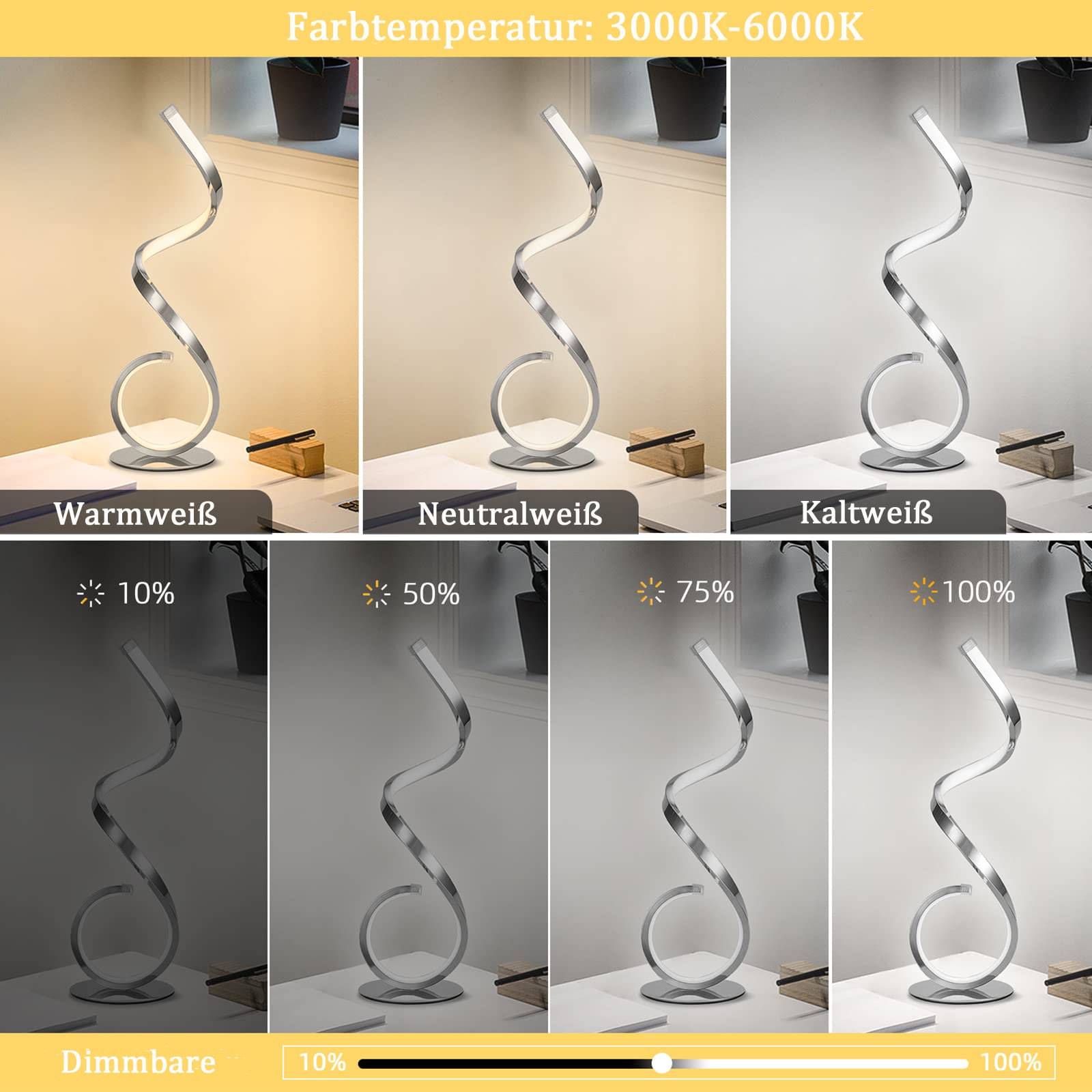 Lampa stołowa LED, spiralny design, 22 W, dotykowa, ściemniana, lampka biurkowa, nowoczesna lampka nocna, ciepła biel, zimna biel, 3 tryby kolorów, 10 poziomów jasności, do sypialni, biura