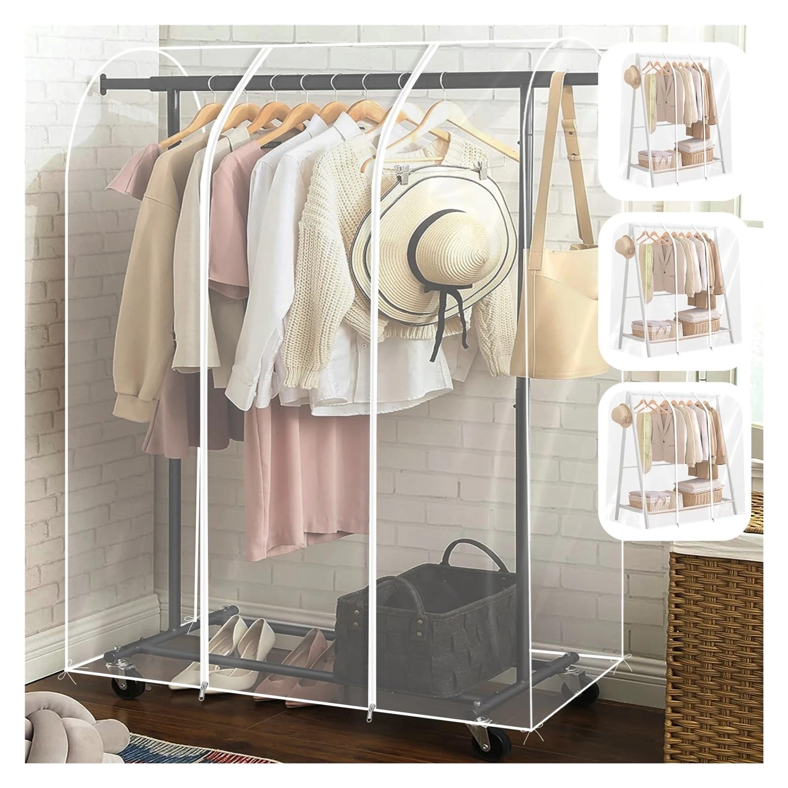 Clothes Rack Cover Large Garment Rack With Zipper Reusable Transparent Dustproof Clothes Rail Cover Organizer(150x50x150cm)