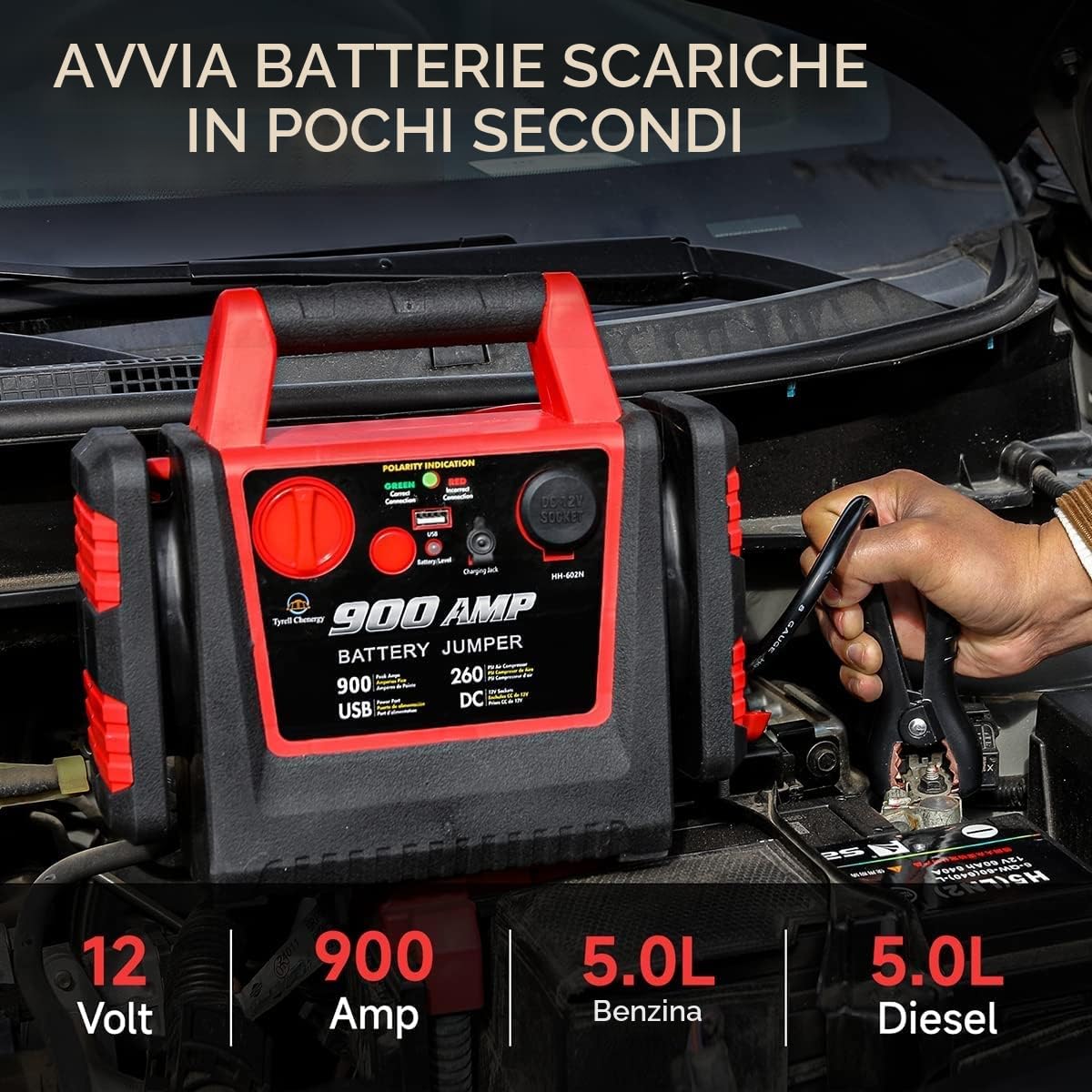 Avviatore di emergenza per auto con compressore d'aria, 900 A 12 V, batteria al piombo, caricabatterie bancario presa USB e presa CC, 150 PSI gonfiatore pneumatici 3 adattatori