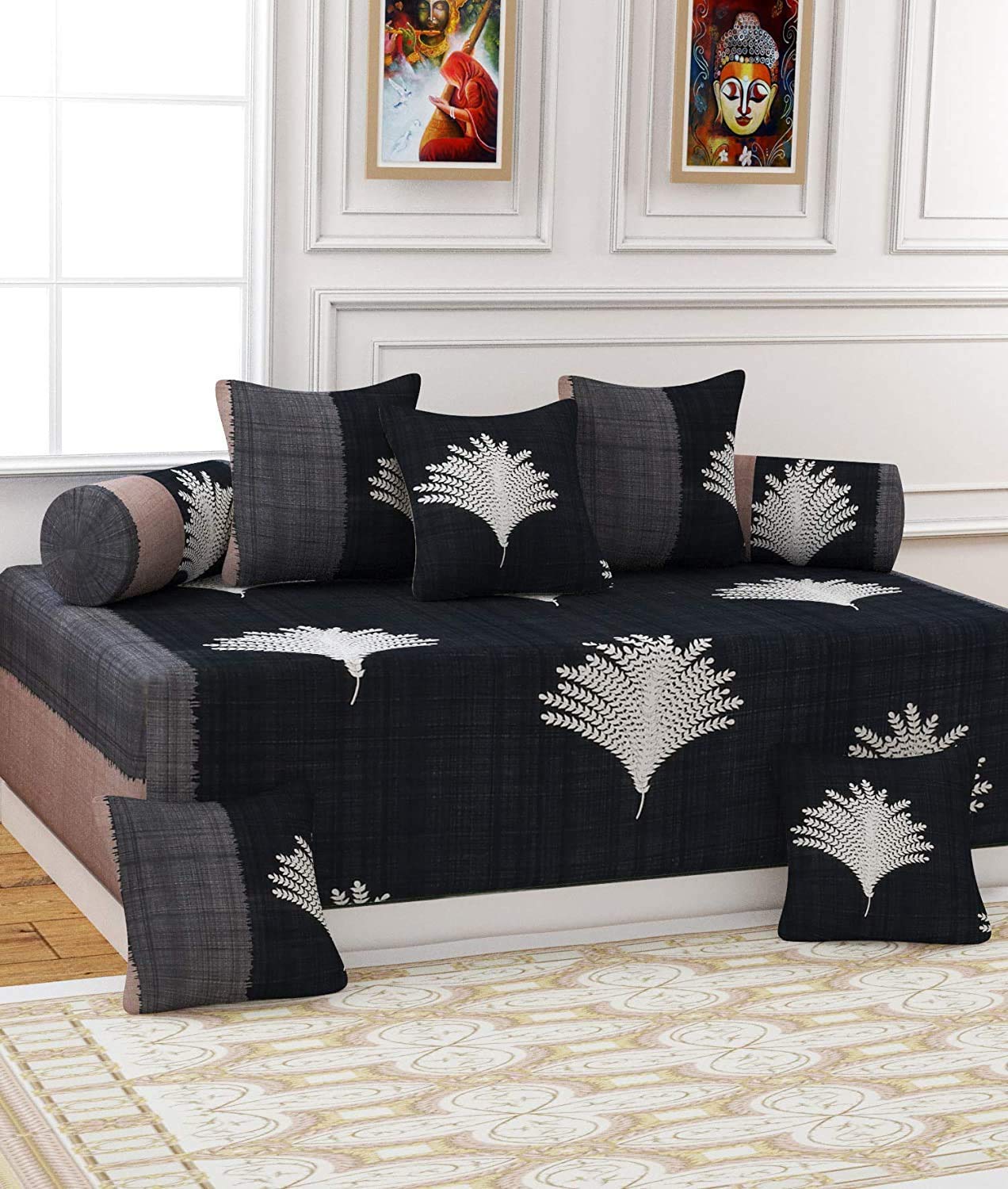 WYTOMAH Microfiber Fabric 8Pcs Diwan Blend Set 1Bedsheet 5Cushion Covers 2Bolster Covers (White Leaves)-image-11