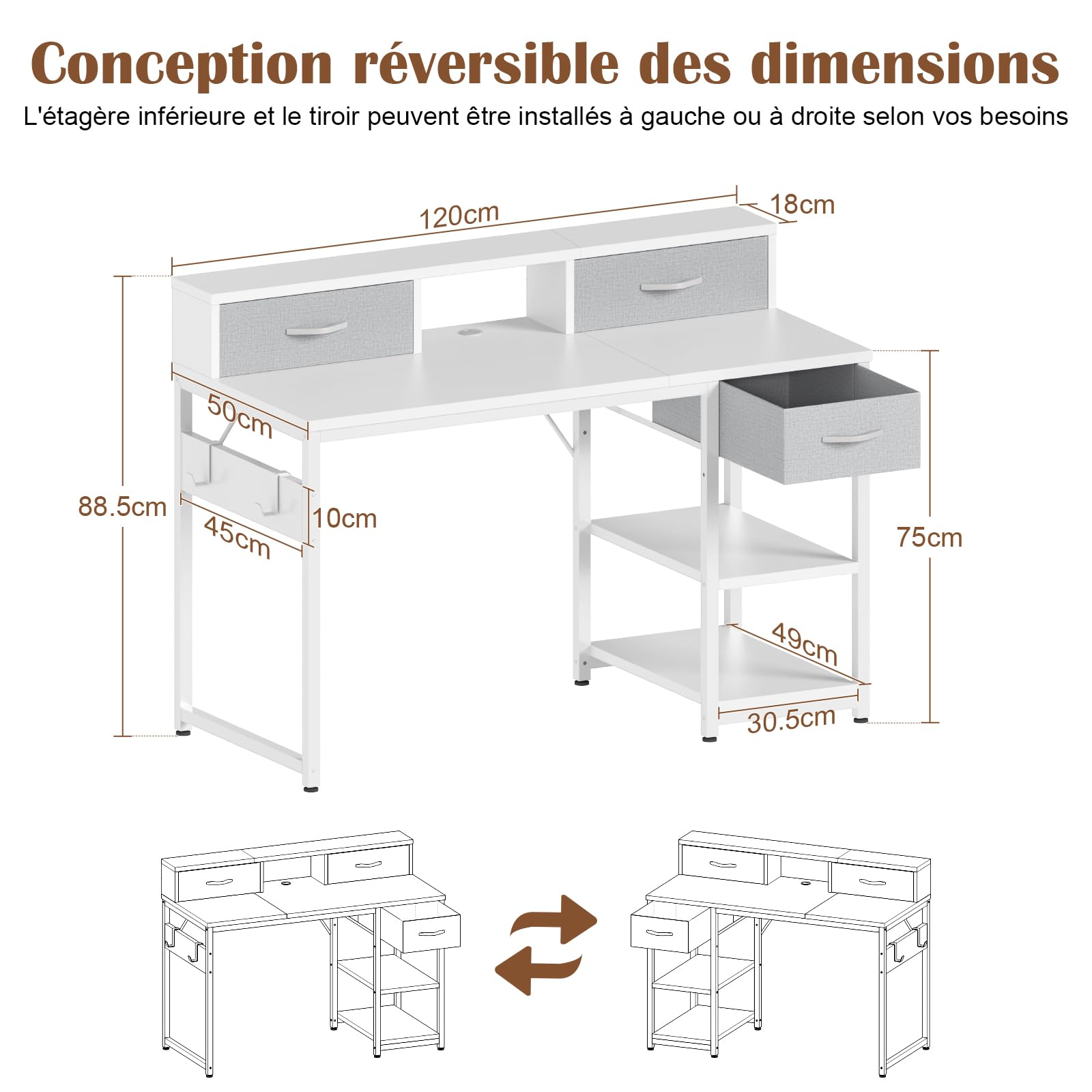 JUMMICO Bureau d'Étudiant avec Tiroirs et Étagère, Enfant, 120x50cm, Blanc
