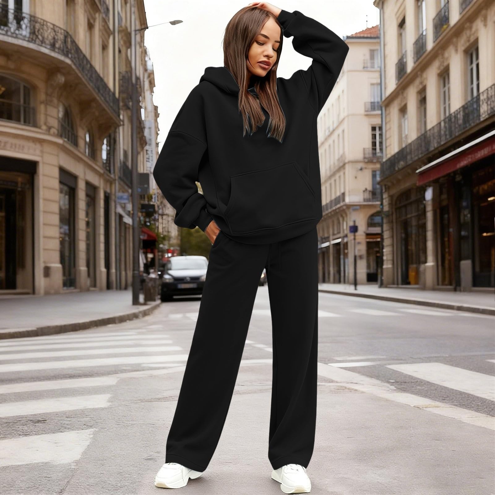 Ensemble de pyjama 2 pièces à manches longues pour femme | Ensemble de pyjama côtelé uni à manches longues, sweat à capuche et taille élastique, pantalon long